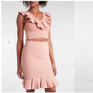 NWT Express body contour high-waisted Dusty rose ruffle mini sweater skirt Med.